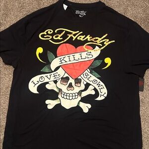 New Ed Hardy Black Tee with Skull and Heart Design